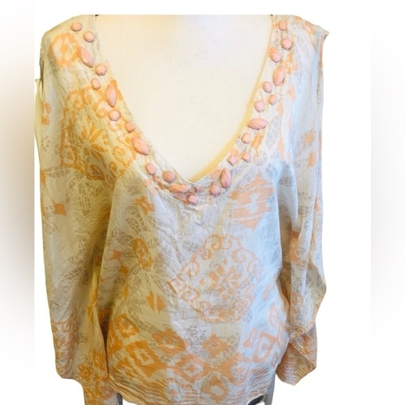 Forever 21 Top Silk Ivory and Coral Beaded Kimono Sleeve Deep Vneck Cover Up - Picture 1 of 12